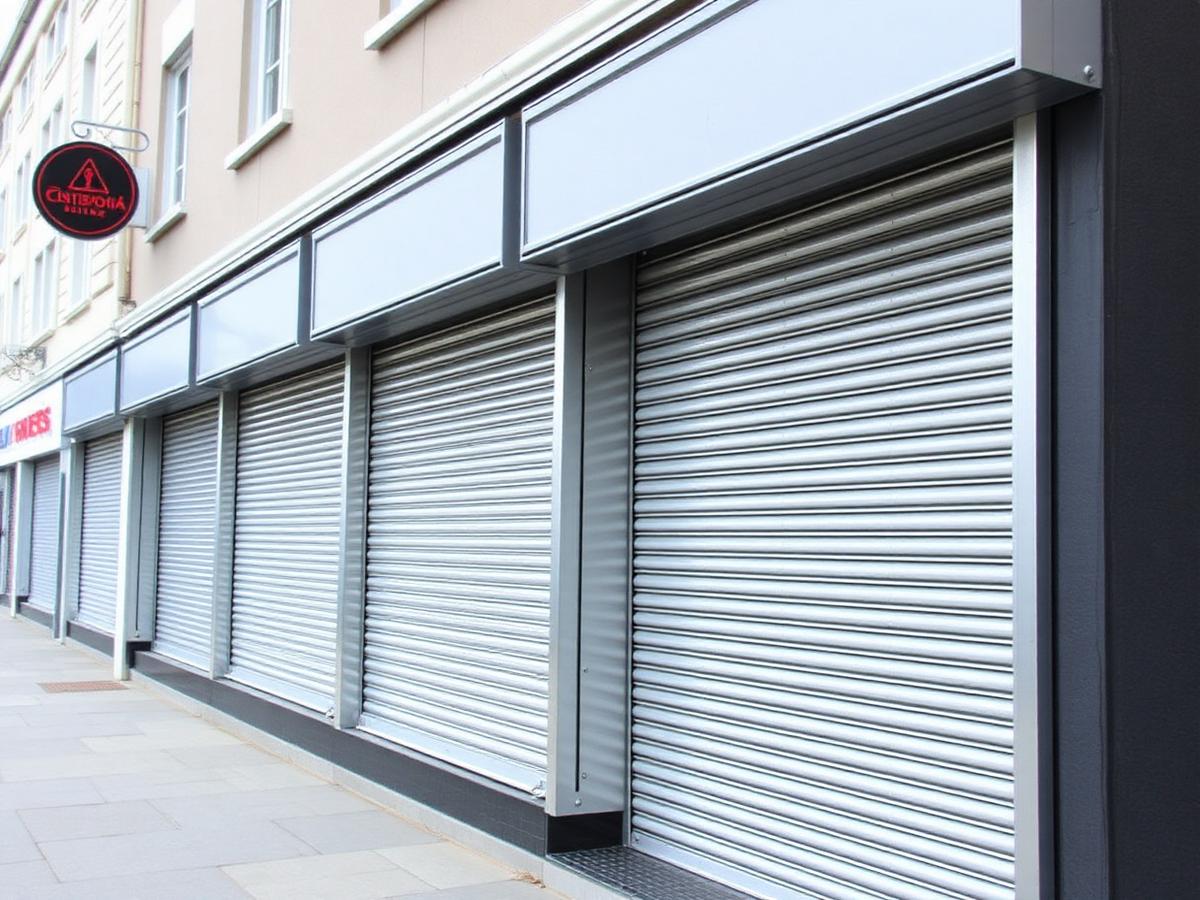 Commercial roller shutters installed by Access Opening Solutions on a row of retail units